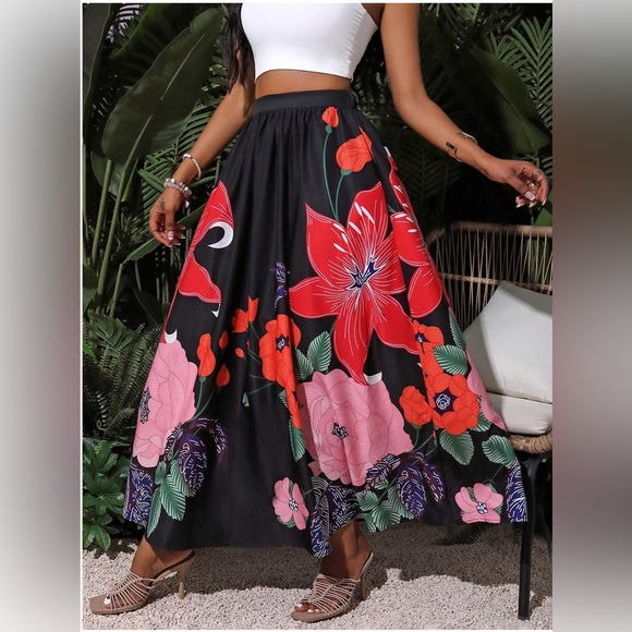 Boho Floral Print Women's Skirt Black - Picture 4 of 11